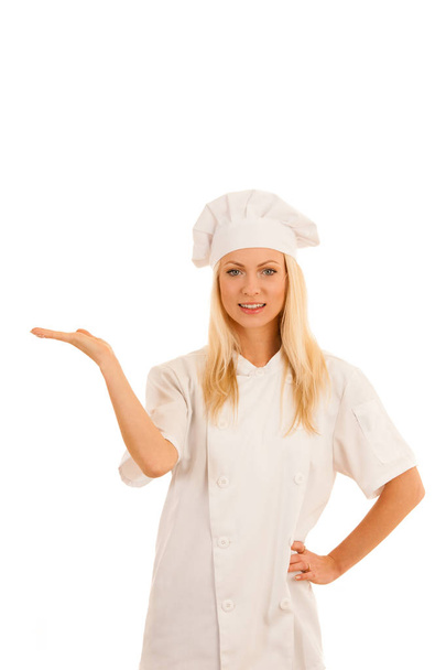 beautiful blond Woman chef isolated over white background - Foto, Imagen