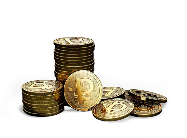 Stapel oder Stapel Kryptowährungen Rubel isoliert auf weißem Hintergrund. Konzeptmünze. 3D-Darstellung - Foto, Bild