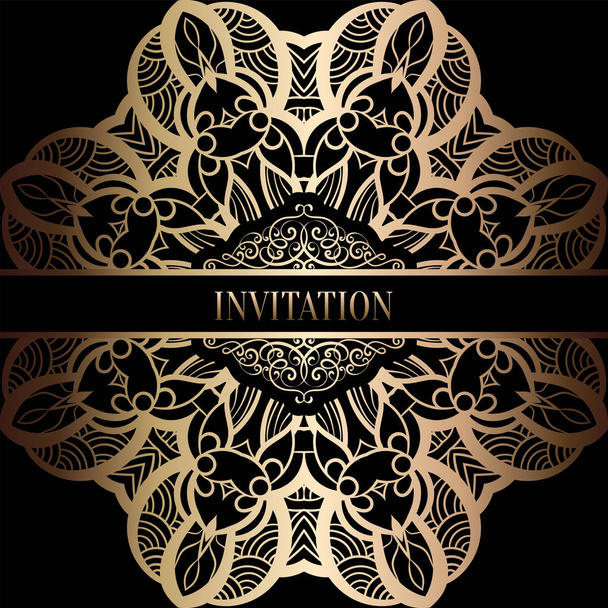 Vintage baroque Wedding Invitation template with damask background. Tradition decoration for wedding. Vector illustration in black and gold - Вектор, зображення
