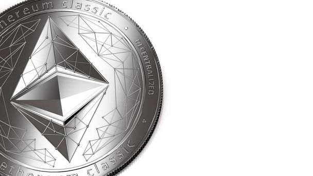 Macro shot of silver Ethereum Classic (ETC) and copy space on the right where you can place your text or chart. Isolated on white. 3D rendering - Photo, Image