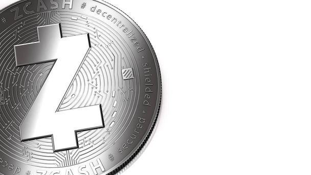 Macro shot of silver Zcash (ZEC) and copy space on the right where you can place your text or chart. Isolated on white. 3D rendering - Photo, Image