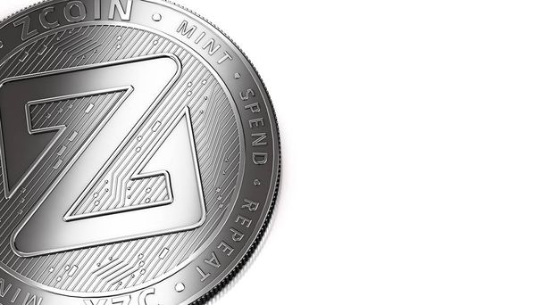 Macro shot of silver Zcoin (XZC) and copy space on the right where you can place your text or chart. Isolated on white. 3D rendering - Photo, Image