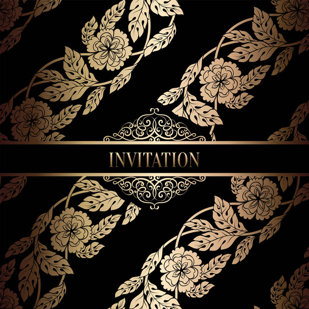 Vintage baroque Wedding Invitation template with damask background. Tradition decoration for wedding. Vector illustration in black and gold - Vektör, Görsel