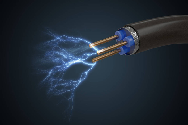 Concepto de alta tensión. La electricidad brilla desde el cable. Renderizado 3D
 - Foto, imagen