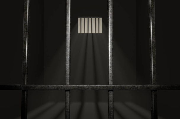Boş hapishane hücresi. Işık ışınları pencere hapiste parlıyor. 3D - Fotoğraf, Görsel