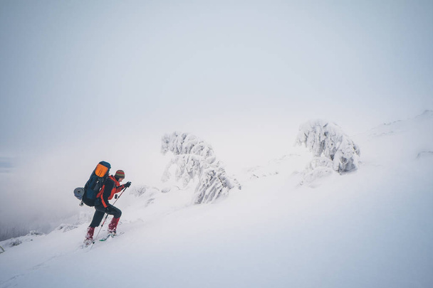 Extreme hiking with backpack in winter mountain landscape - 写真・画像