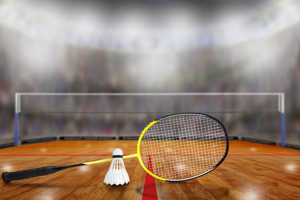 Badminton Racket and Shuttlecock in Arena With Copy Space - Photo, Image