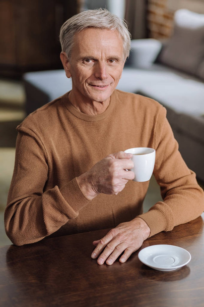 Handsome smiling pensioner drinking his favorite tea at home - Photo, image