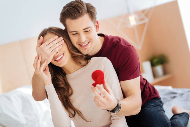 Romantic gentleman surprising his girlfriend with proposal - Zdjęcie, obraz