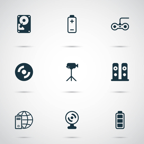 Computer icons set with loudspeakers, hdd, camcorder and other camcorder elements. Isolated vector illustration computer icons. - Vector, Image