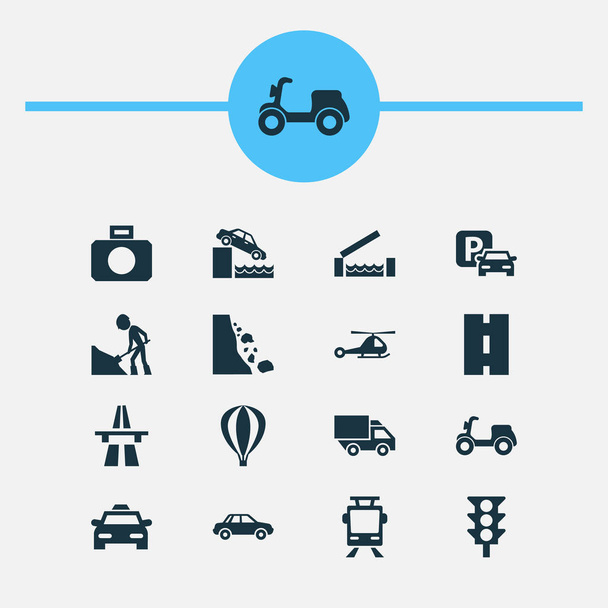 Közlekedési ikonok beállítása a jelzőlámpa, út, villamos és egyéb villamos elemek. Elszigetelt vektoros illusztráció közlekedési ikonok. - Vektor, kép