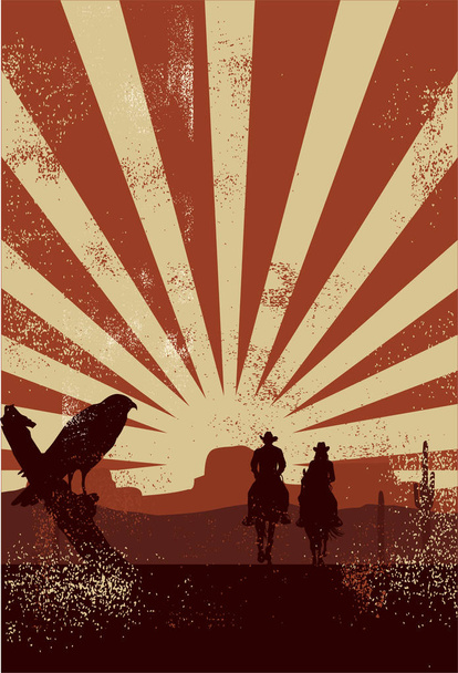 Silhouette of two cowboys riding horses at sunset - Vector, Image
