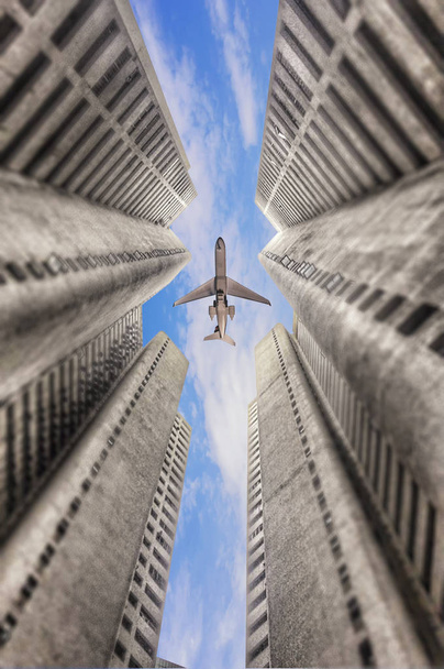 Avion survolant les gratte-ciel d'affaires en Malaisie
. - Photo, image