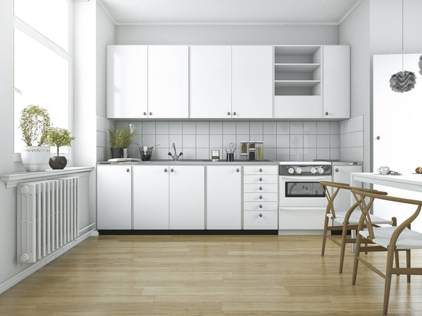 3d rendering scandinavian vintage kitchen with dining table - 写真・画像