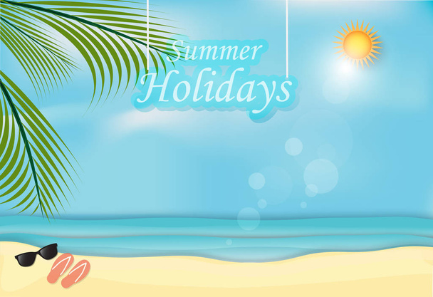 Summer Holidays background, Sea and Beach paper art style - Вектор,изображение