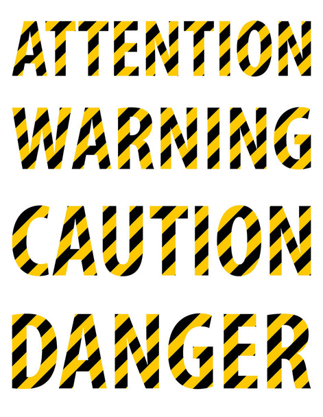 Attention caution danger warning text from striped letters in the form of a protective yellow-black tape.  White background. Vector illustration - Vector, Image