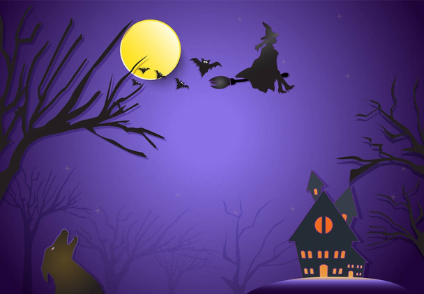Jonge heks vliegen op een bezem en fox silhouet Halloween papier een - Vector, afbeelding