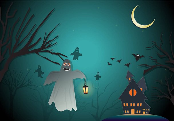Paper art illustration of Spooky and Haunted house Halloween nig - Vector, Image