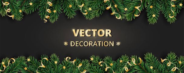 Winter holiday background. Border with Christmas tree branches and ornaments. - Vektori, kuva