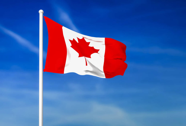 Κουνώντας τη σημαία του Καναδά σχετικά με το φόντο μπλε του ουρανού - Φωτογραφία, εικόνα