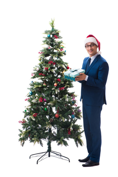 Empresario decorando árbol de navidad aislado en blanco - Foto, Imagen