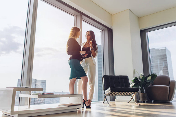 Two female business partners discussing plans standing in modern office at tower block - Photo, Image