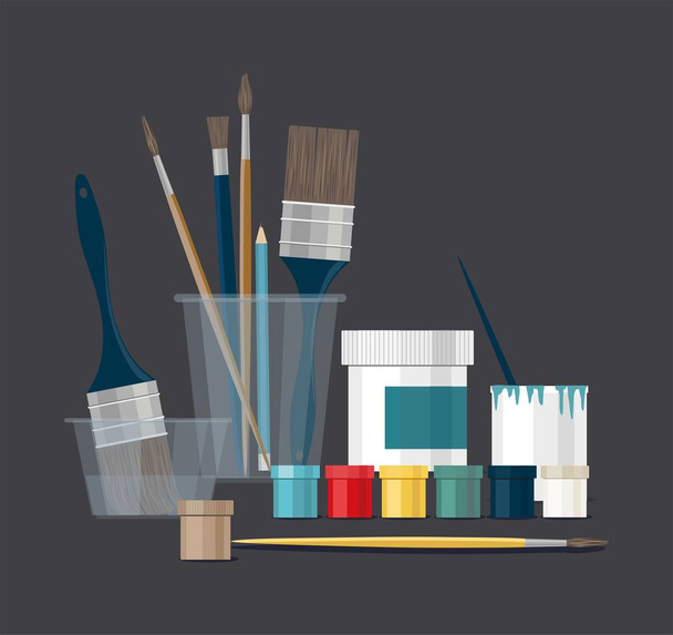 Кольорові фарби та пензлі, інструменти. ізольовані на темному фоні
 - Вектор, зображення
