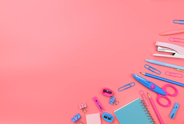 Stationary concept, Flat Lay top view Photo of Scissors, pencils - 写真・画像