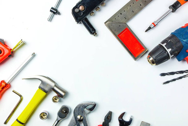 Top view of Working tools,wrench,socket wrench,hammer,screwdrive - Valokuva, kuva