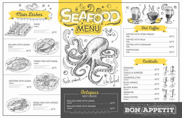 Vintage seafood menu design. Restaurant menu - Vector, Image