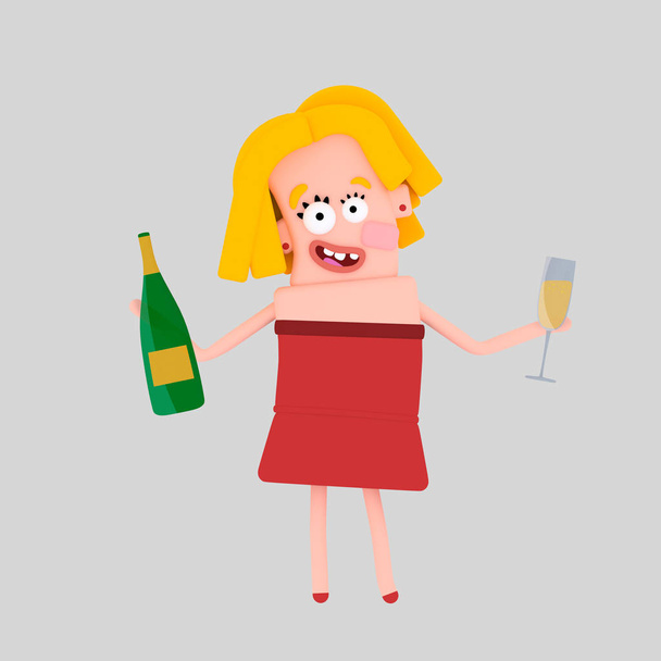 シャンパン ボトルとグラスを持った女性。分離します。簡単な背景を削除します。簡単な色の変更。簡単な組み合わせ!カスタムの図私に連絡します。. - 写真・画像
