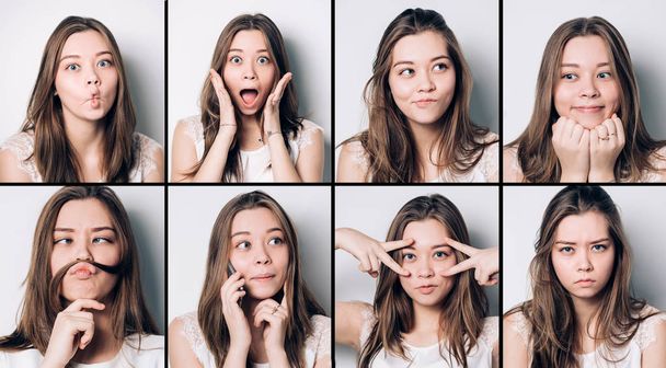 Set of young girl emotions. Casual brunette woman grimacing and gesturing on camera, using mobile at gray studio background. Happiness, surprise, disgust. Positive and negative feelings - Photo, image