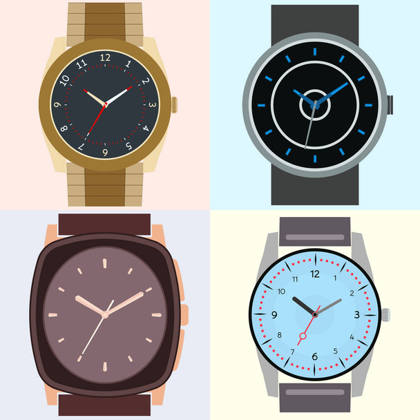 Ensemble de quatre montres. Horloge visage avec heure, minute et secondes mains
 - Vecteur, image