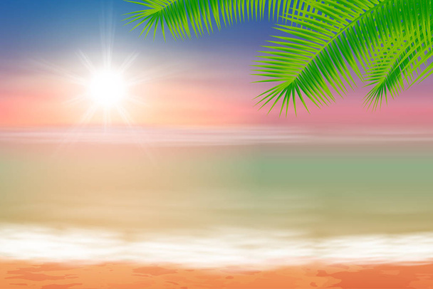 Beach and tropical sea with bright sun and palmtree leaves - Vector, Image