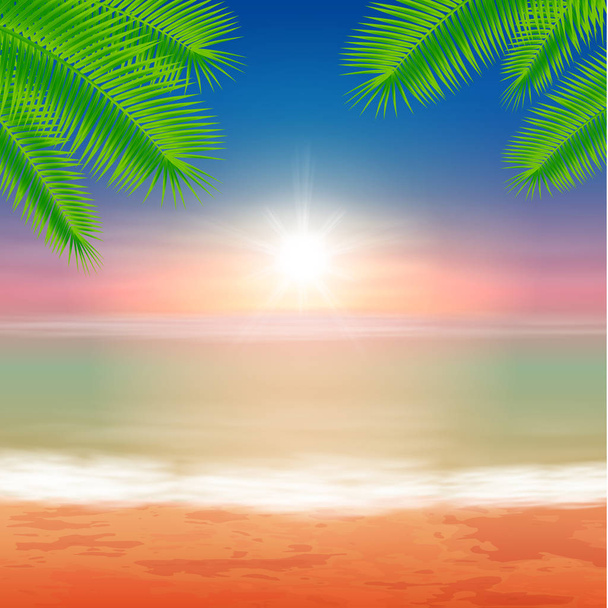 Beach and tropical sea with bright sun and palmtree leaves - Vector, Image