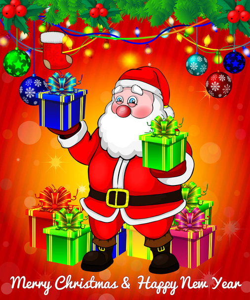 Santa Claus with gift boxes on red background - Vector, afbeelding