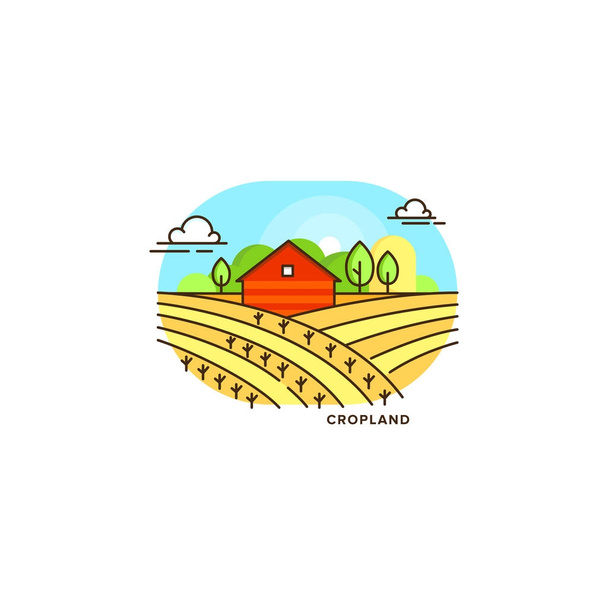 Rode Boerderijtje in het veld platte vectorillustratie geïsoleerd op een witte achtergrond. Eco landbouw pictogram, logo platte vector concept met een boerderij en landschap lineaire stijl illustratie - Vector, afbeelding