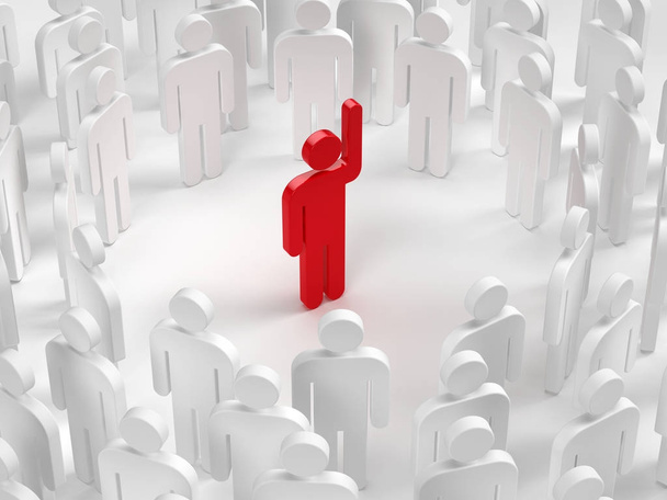 Führungskonzept - Gruppe von Menschen und Führer mit erhobener Hand. 3D-Illustration - Foto, Bild