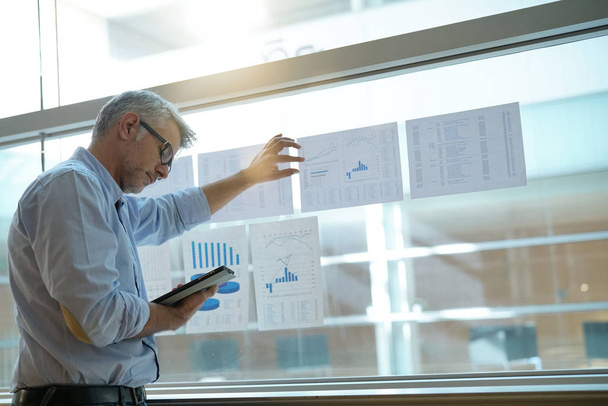 Businessman analyzing results charts hanged on office window  - Photo, image