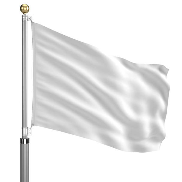 Bandeira branca no mastro de bandeira acenando no vento isolado no branco
 - Foto, Imagem