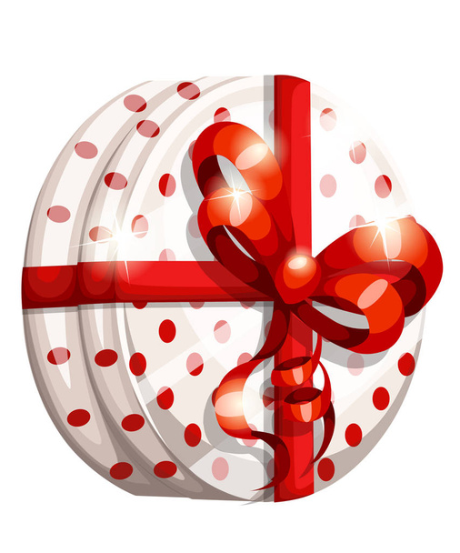 Round gift box with red bow. White christmas container with red dot. Vector illustration isolated on white background. - Vector, Image