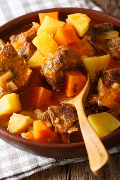 thick stewed estofado with beef and vegetables close-up. vertica - Photo, Image
