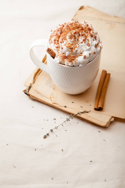 Cup of cocoa with cinnamon, whipped cream and chocolate. Textile background. Scandinavian winter concept. Vertical composition. - Foto, Bild