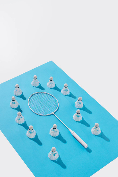 high angle view of badminton racket and shuttlecocks on blue paper, isolated on white - Photo, image