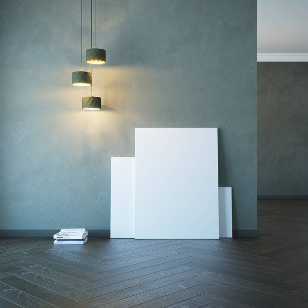 empty room with light and blank pictures, 3d rendering - Photo, Image