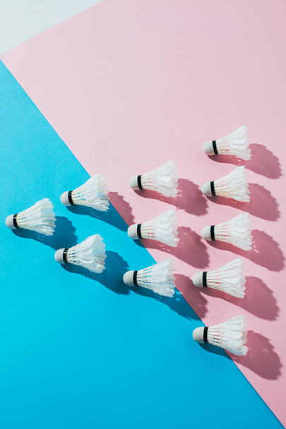 top view of composition with badminton shuttlecocks on blue and pink - 写真・画像