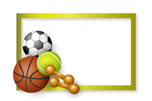 Soccer, tennis, basketball balls, dumbbells frame - Vector, Image