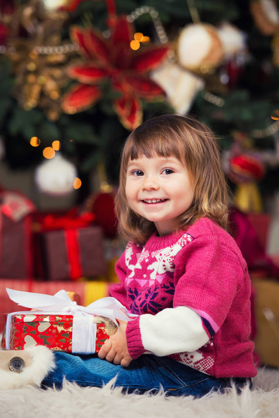 Happy girl with a gift in hands on a background of a New Year tree. - Foto, imagen