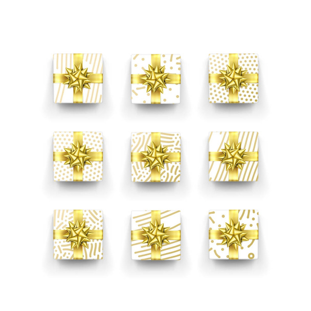 Christmas gift box or present with golden ribbon bow and wrapping paper pattern. Vector round Christmas gift box isolated on white background for New Year holiday or Birthday greeting card - Вектор, зображення