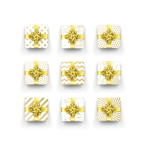 Christmas gift box or present with golden ribbon bow and wrapping paper zigzag pattern. Vector Christmas gift box isolated on white background for New Year holiday or Birthday greeting card - Vektor, Bild